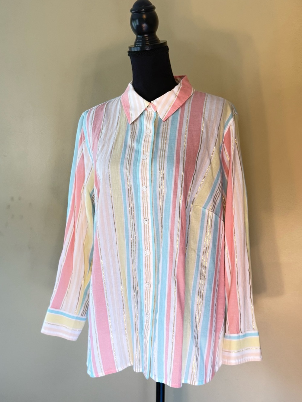 Talbots Pastel Striped Gold Metallic Button Down Blouse NWOT 2XP Plus Petite